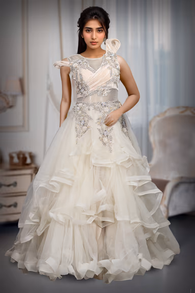 Ivory Colour Multi Flared Gown With Heavy Detailed Yoke Part And Transparent Waist — view 2 of 3