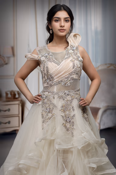 Ivory Colour Multi Flared Gown With Heavy Detailed Yoke Part And Transparent Waist — view 1 of 3