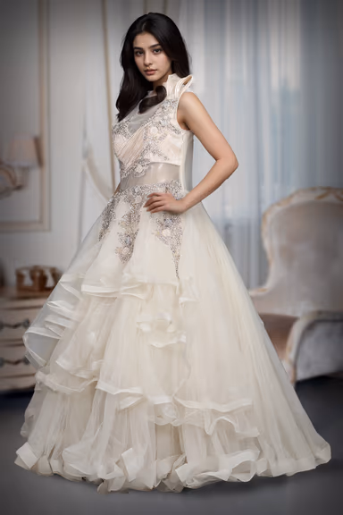 Ivory Colour Multi Flared Gown With Heavy Detailed Yoke Part And Transparent Waist — view 3 of 3
