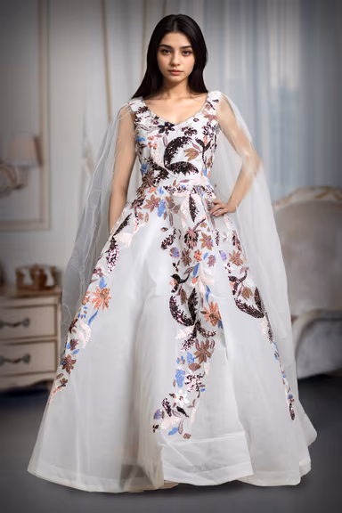 Ivory Crystal Garden Embroidered Net Gown – Multicolor Threadwork & Sequin Floral Design — view 2 of 4