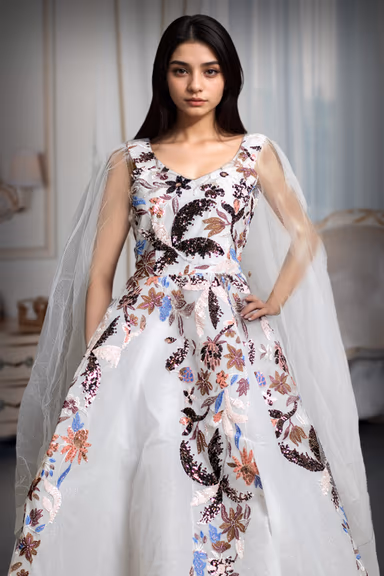 Ivory Crystal Garden Embroidered Net Gown – Multicolor Threadwork & Sequin Floral Design — view 1 of 4