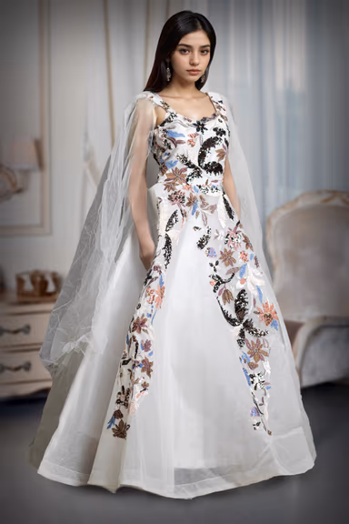 Ivory Crystal Garden Embroidered Net Gown – Multicolor Threadwork & Sequin Floral Design — view 3 of 4