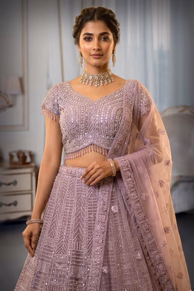 Lavender shade with heavy sequin and bead embroidery lehenga — view 1 of 2