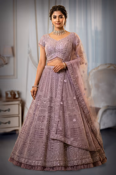 Lavender shade with heavy sequin and bead embroidery lehenga — view 2 of 2
