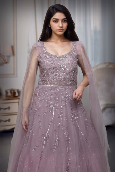 Lavender Heavy Threadwork Embellished Bridal Gown  With Long Cape Sleeve — view 1 of 2