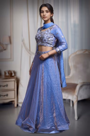 Lavender Tissue Silk Crop Top Lehenga With Elegant Handwork Details — view 3 of 4