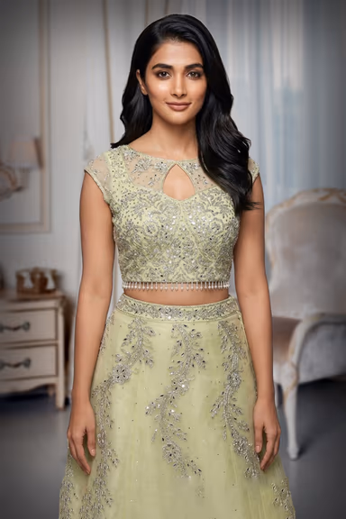 Lemon Yellow Stone Worked Crop Top  With Heavy Embellished Blouse And Dupatta — view 1 of 4