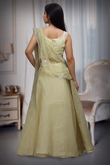 Lemon Yellow Stone Worked Crop Top  With Heavy Embellished Blouse And Dupatta — view 4 of 4