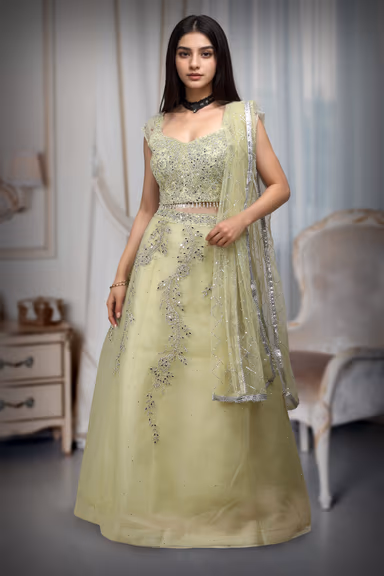 Lemon Yellow Stone Worked Crop Top  With Heavy Embellished Blouse And Dupatta — view 2 of 4
