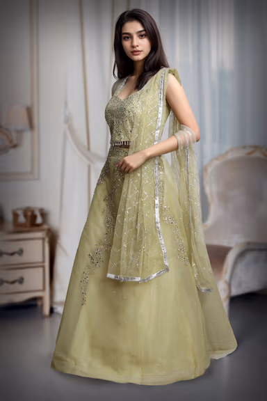 Lemon Yellow Stone Worked Crop Top  With Heavy Embellished Blouse And Dupatta — view 3 of 4