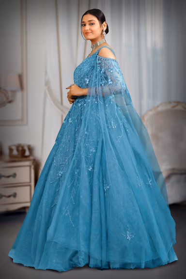 Light blue glitter sequins work trail sleeve gown — view 4 of 5