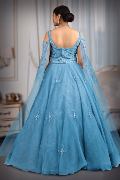 Light blue glitter sequins work trail sleeve gown — view 5 of 5