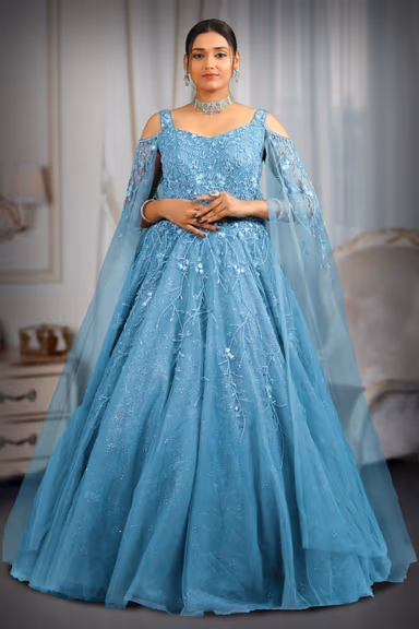 Light blue glitter sequins work trail sleeve gown — view 2 of 5