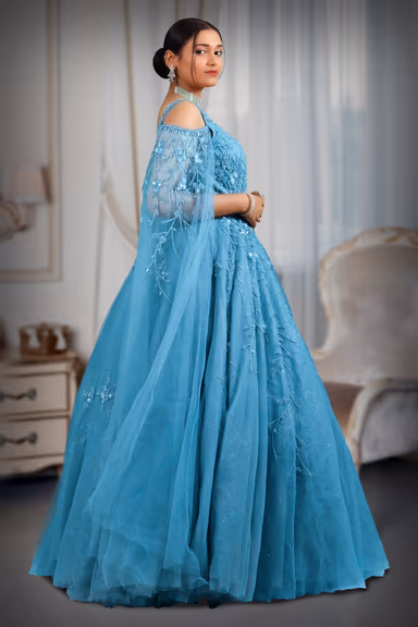 Light blue glitter sequins work trail sleeve gown — view 3 of 5