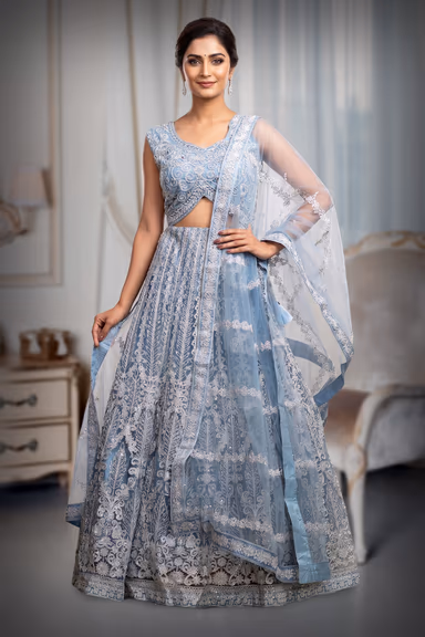 Light Blue Pre Wedding Lehenga With Intricate Stone Work Details Along With Same Color Dupatta — view 2 of 3