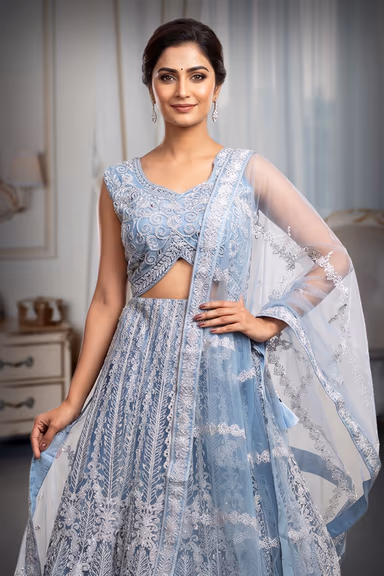 Light Blue Pre Wedding Lehenga With Intricate Stone Work Details Along With Same Color Dupatta — view 1 of 3