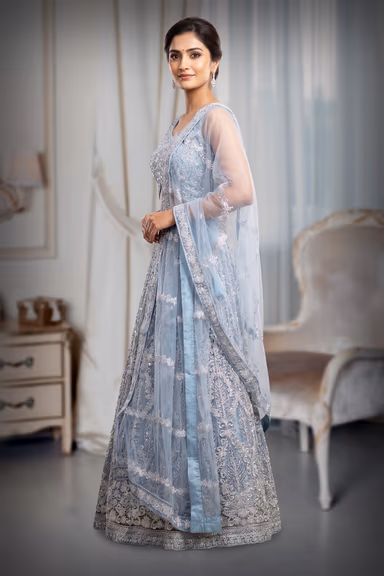 Light Blue Pre Wedding Lehenga With Intricate Stone Work Details Along With Same Color Dupatta — view 3 of 3