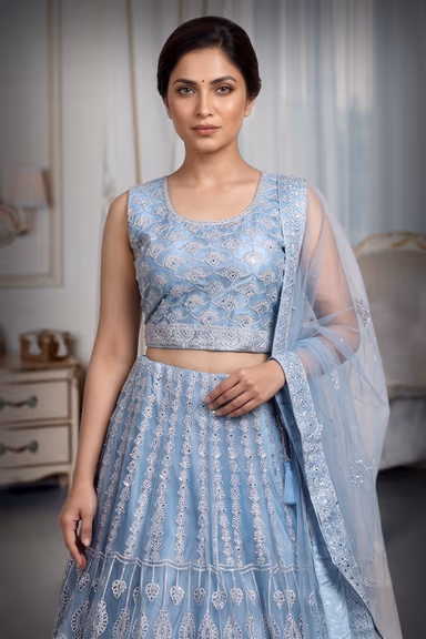 Light Blue Pre Wedding Lehenga With Intricate Threadwork Details — view 1 of 3