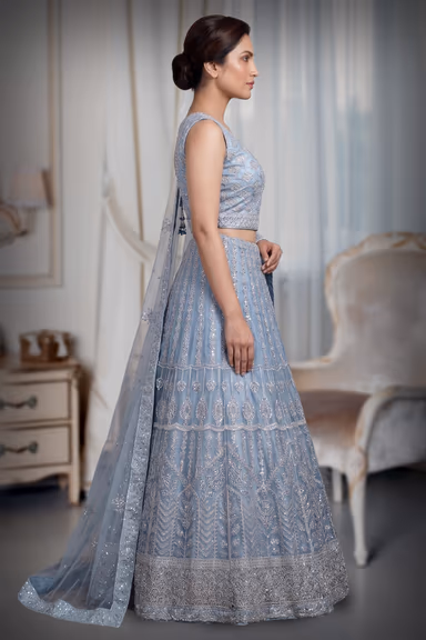 Light Blue Pre Wedding Lehenga With Intricate Threadwork Details — view 3 of 3