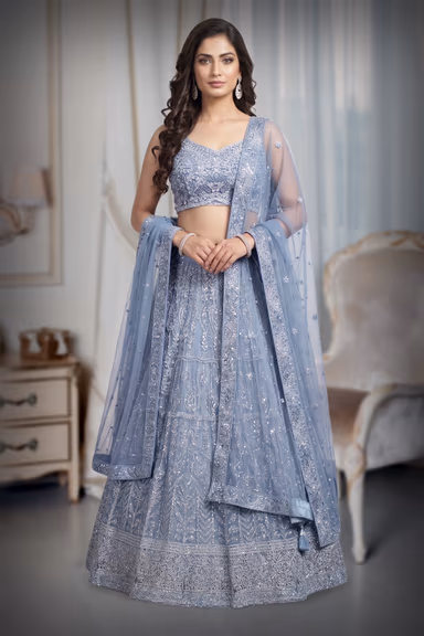 Light Blue Net Lehenga With Ombre Shade Details Over Skirt With Crop Top And Same Color Dupatta — view 2 of 3