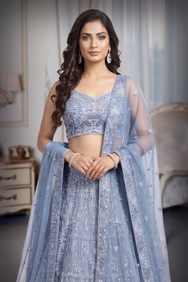 Light Blue Net Lehenga With Ombre Shade Details Over Skirt With Crop Top And Same Color Dupatta — view 1 of 3