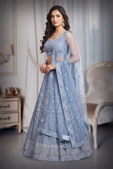 Light Blue Net Lehenga With Ombre Shade Details Over Skirt With Crop Top And Same Color Dupatta — view 3 of 3