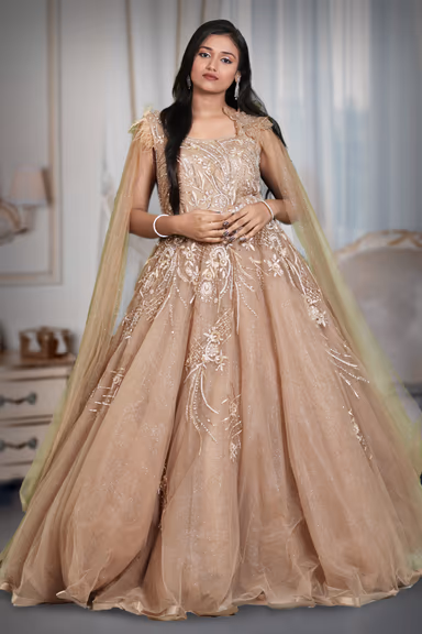 Light brown glitter net trail sleeve gown — view 2 of 5