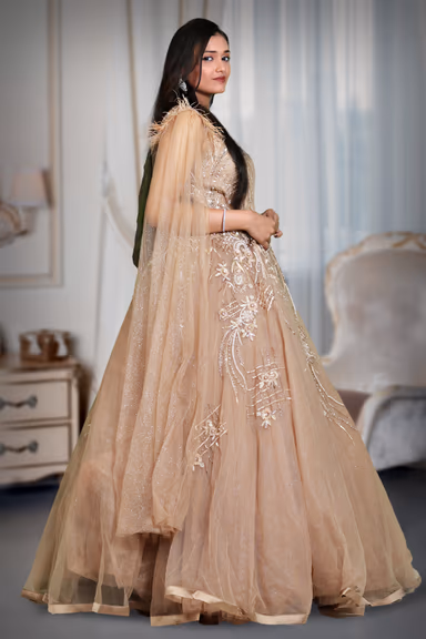 Light brown glitter net trail sleeve gown — view 4 of 5