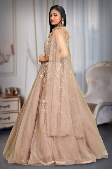 Light brown glitter net trail sleeve gown — view 3 of 5