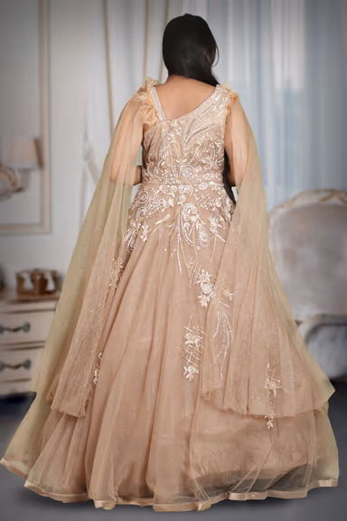 Light brown glitter net trail sleeve gown — view 5 of 5