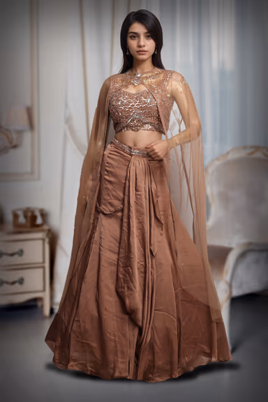 Light Brown Indowestern Draped Skirt With Crop Top And Side Cape — view 2 of 2