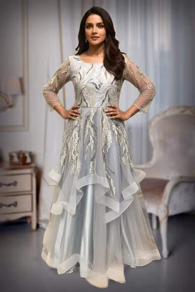 Light Gray Netted and  layered gown , with full sleeves — view 1 of 2