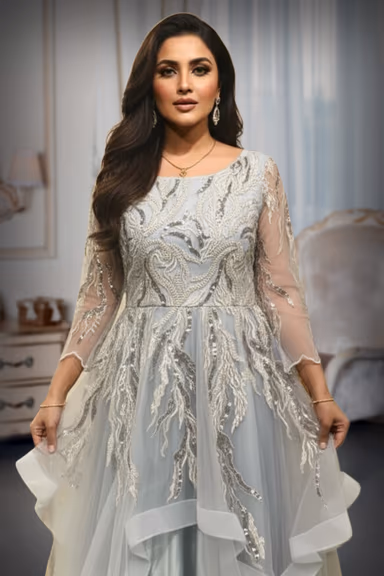 Light Gray Netted and  layered gown , with full sleeves — view 2 of 2