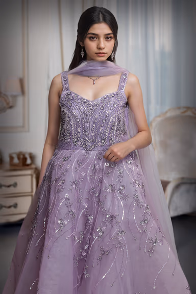 Light Lavender Ball Gown With Exquisite Threadwork Details Along With Same Color Veil — view 1 of 2