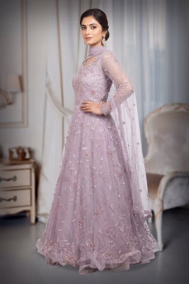 Light Lavender Heavy Threadwork Embellished Bridal Gown  With Long Cape Sleeve — view 3 of 3