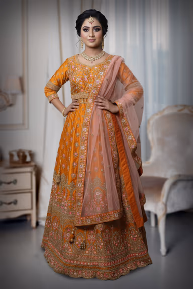 Stunning Light Orange Lehenga Set Adorned With Sparkling Sequins And Floral Zari — view 2 of 4