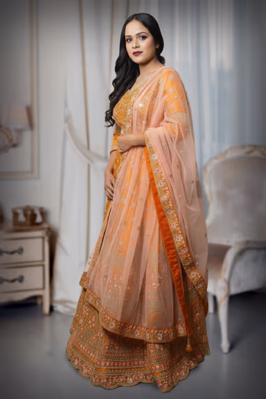 Stunning Light Orange Lehenga Set Adorned With Sparkling Sequins And Floral Zari — view 3 of 4