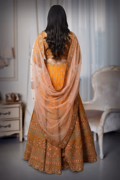 Stunning Light Orange Lehenga Set Adorned With Sparkling Sequins And Floral Zari — view 4 of 4