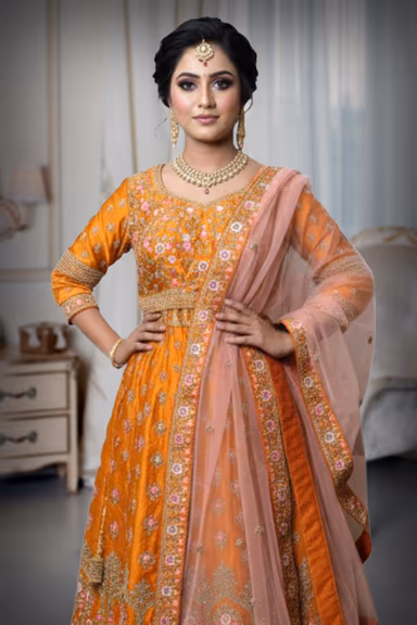 Stunning Light Orange Lehenga Set Adorned With Sparkling Sequins And Floral Zari — view 1 of 4