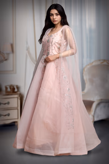 Light Peach Ball Gown With Exquisite Threadwork Details Along With Same Color Veil — view 3 of 3