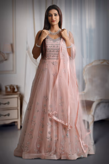 Light peach colour mirror work net sleeveless gown with dupatta — view 2 of 5