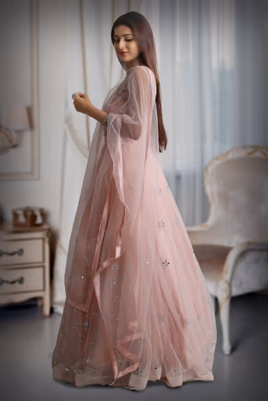 Light peach colour mirror work net sleeveless gown with dupatta — view 4 of 5