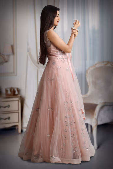 Light peach colour mirror work net sleeveless gown with dupatta — view 3 of 5