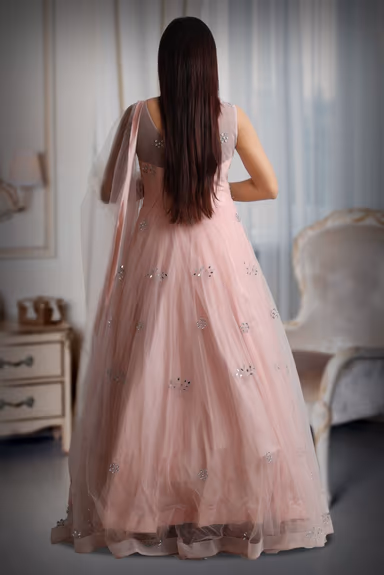 Light peach colour mirror work net sleeveless gown with dupatta — view 5 of 5