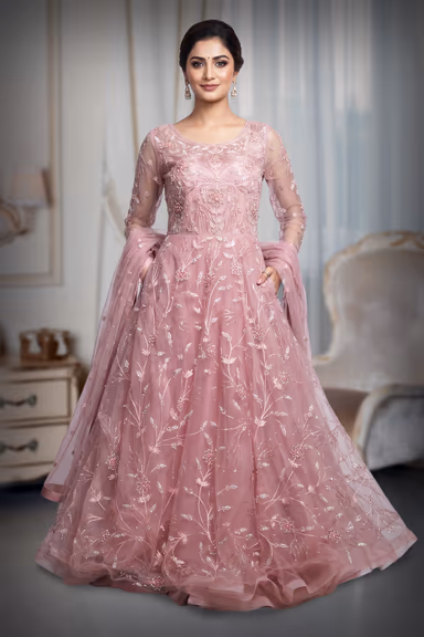 Light Pink Heavy Threadwork Embellished Bridal Gown  With Long Cape Sleeve — view 2 of 3