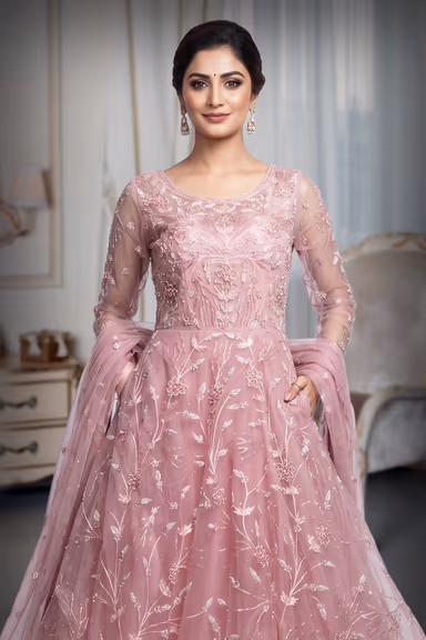 Light Pink Heavy Threadwork Embellished Bridal Gown  With Long Cape Sleeve — view 1 of 3