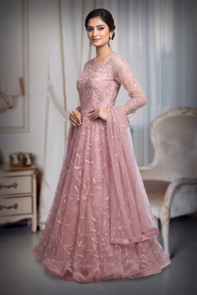 Light Pink Heavy Threadwork Embellished Bridal Gown  With Long Cape Sleeve — view 3 of 3
