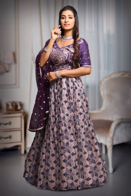 Light Purple Borderless Printed Lehenga Skirt With Heavy Detailed Blouse with Threadwork and Mirror work With… — view 3 of 5
