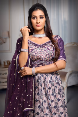Light Purple Borderless Printed Lehenga Skirt With Heavy Detailed Blouse with Threadwork and Mirror work With… — view 1 of 5