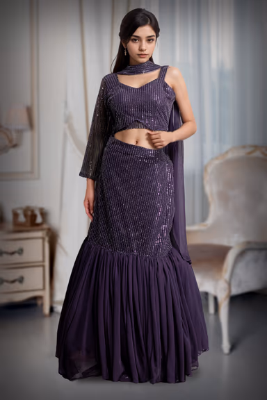 Light Purple Intricate Sequin Detailed Mermaid Cut Lehenga With Same Color Crop Top And Dupatta — view 2 of 3